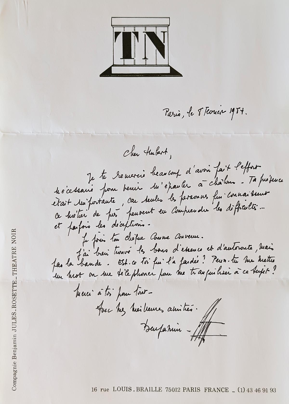 Théâtre Noir - Paris - Lettre de Benjamin Jules-Rosette  