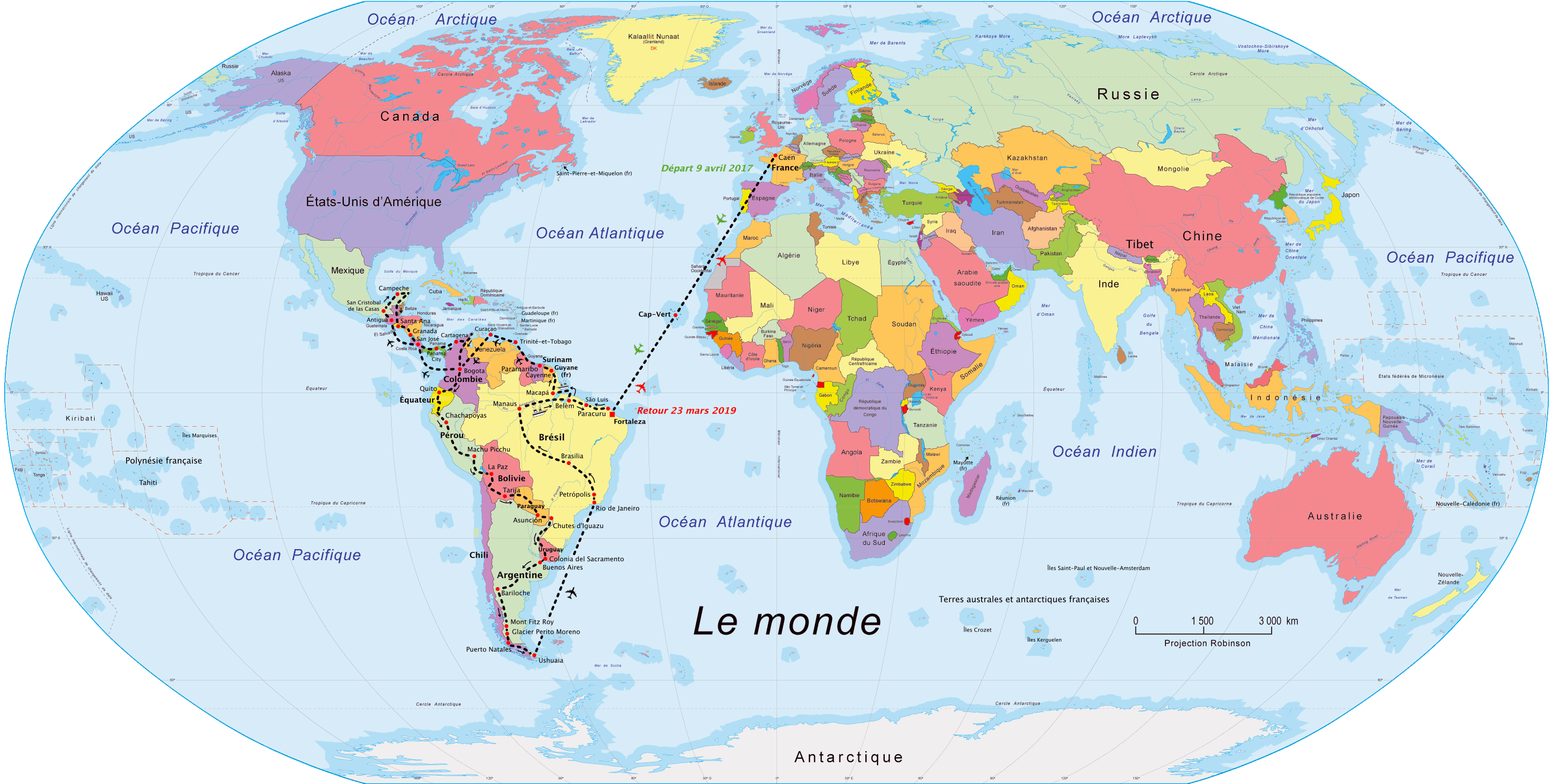 ... plus de 25 000 kilomètres terrestres en Amérique Latine ! (Pour zoomer... clic sur + en haut à gauche / ou double-clic sur la carte)